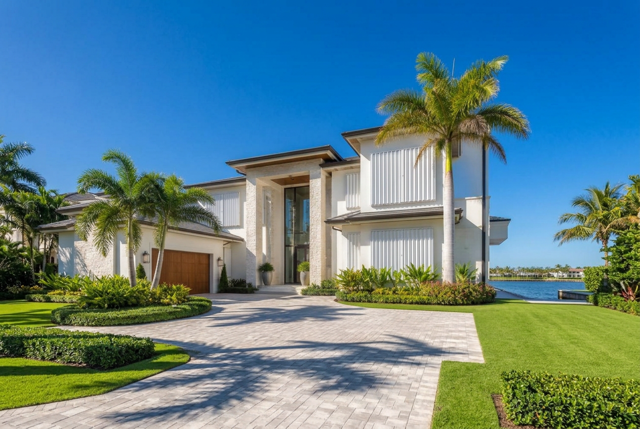 South Florida home protected with white accordion hurricane shutters